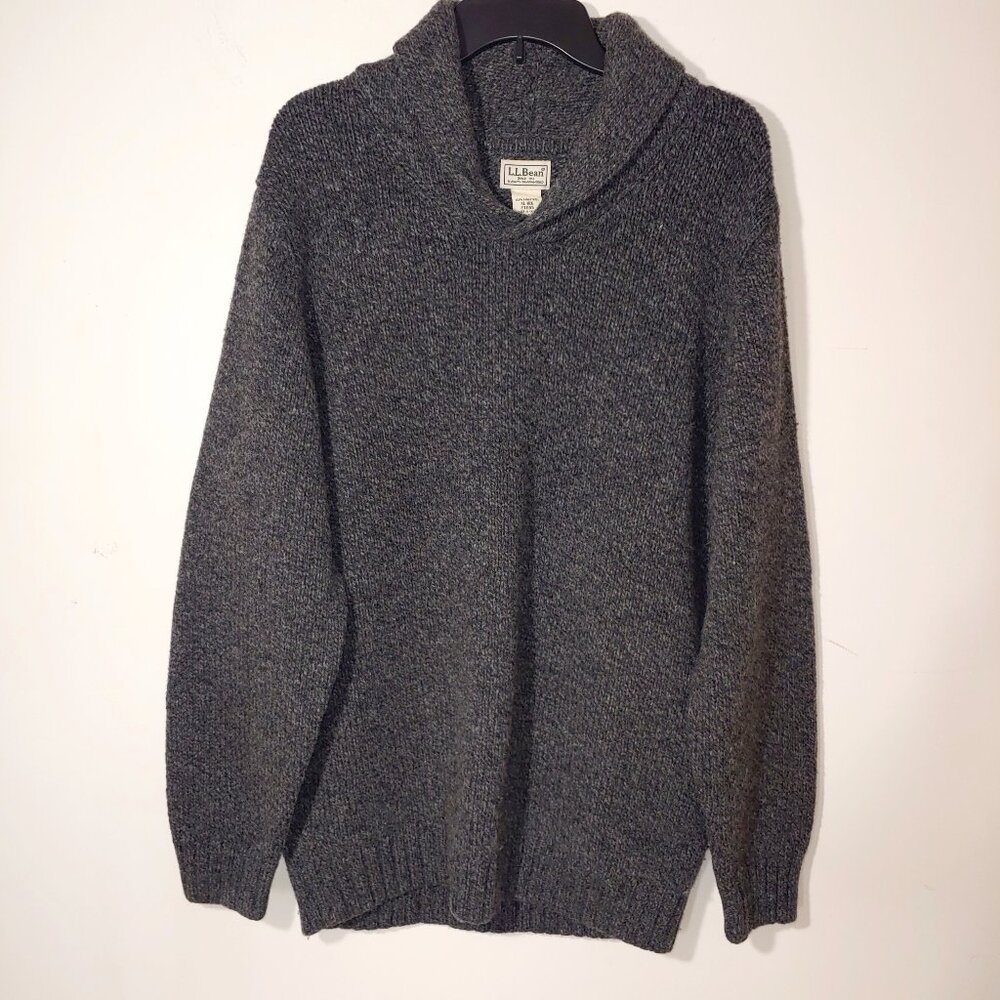 L.L.Bean Fisherman Knit Shawl Collar Elbow Patch Sweater Size XL Grey